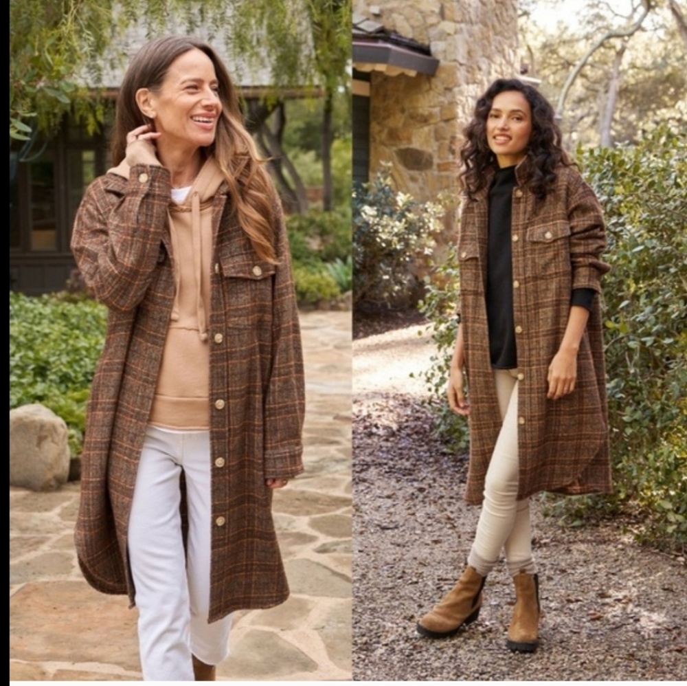 Frank & Eileen Gavin Shirt Jacket Boucle' Wool Brown -Orange Plaid Sz Med EUC